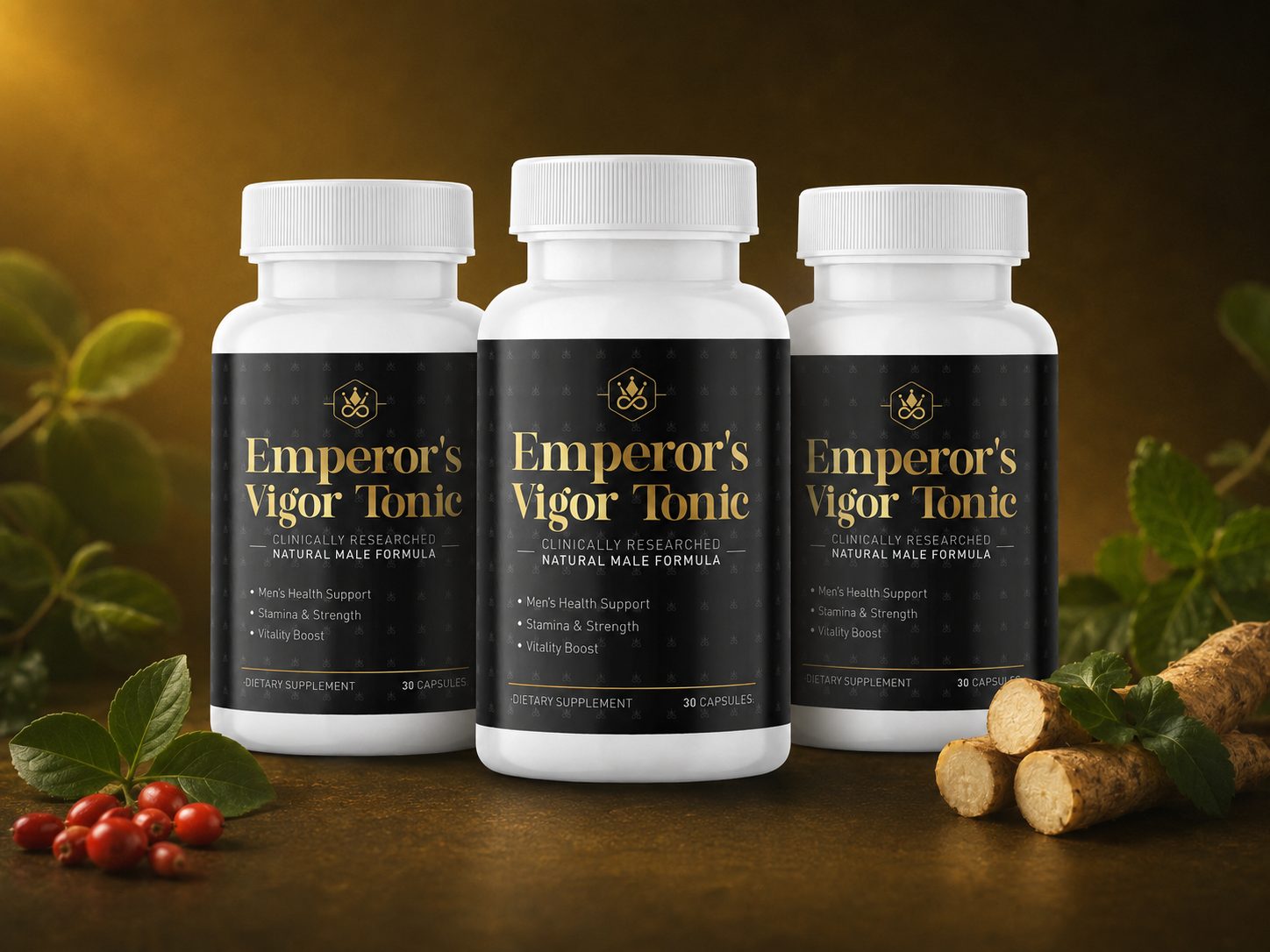 Emperor Vigor Tonic 1, 3, and 6 bottle lineup with packaging
